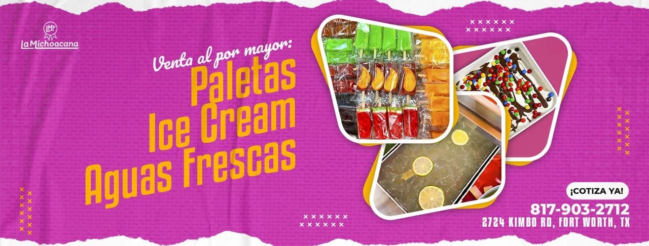 Banner de La Michoacana LMP: venta al por mayor de paletas, ice cream y aguas frescas, con fotos de paletas en exhibidor