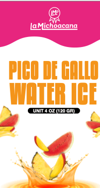 Empaque de paleta de agua de pico de gallo La Michoacana, con mango, sandía y piña