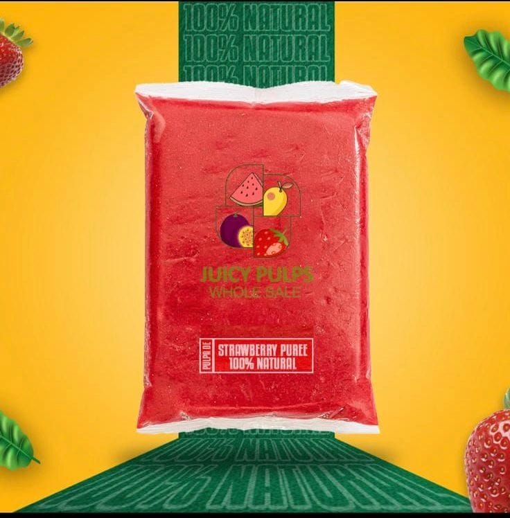 Bolsa de puré de fresa Juicy Pulps sobre fondo amarillo