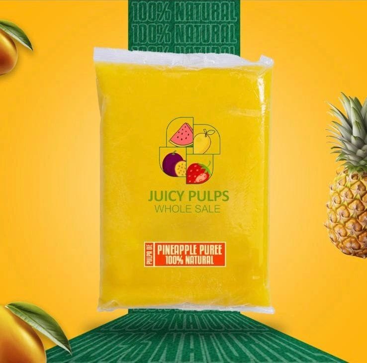 Bolsa de puré de piña Juicy Pulps sobre fondo amarillo